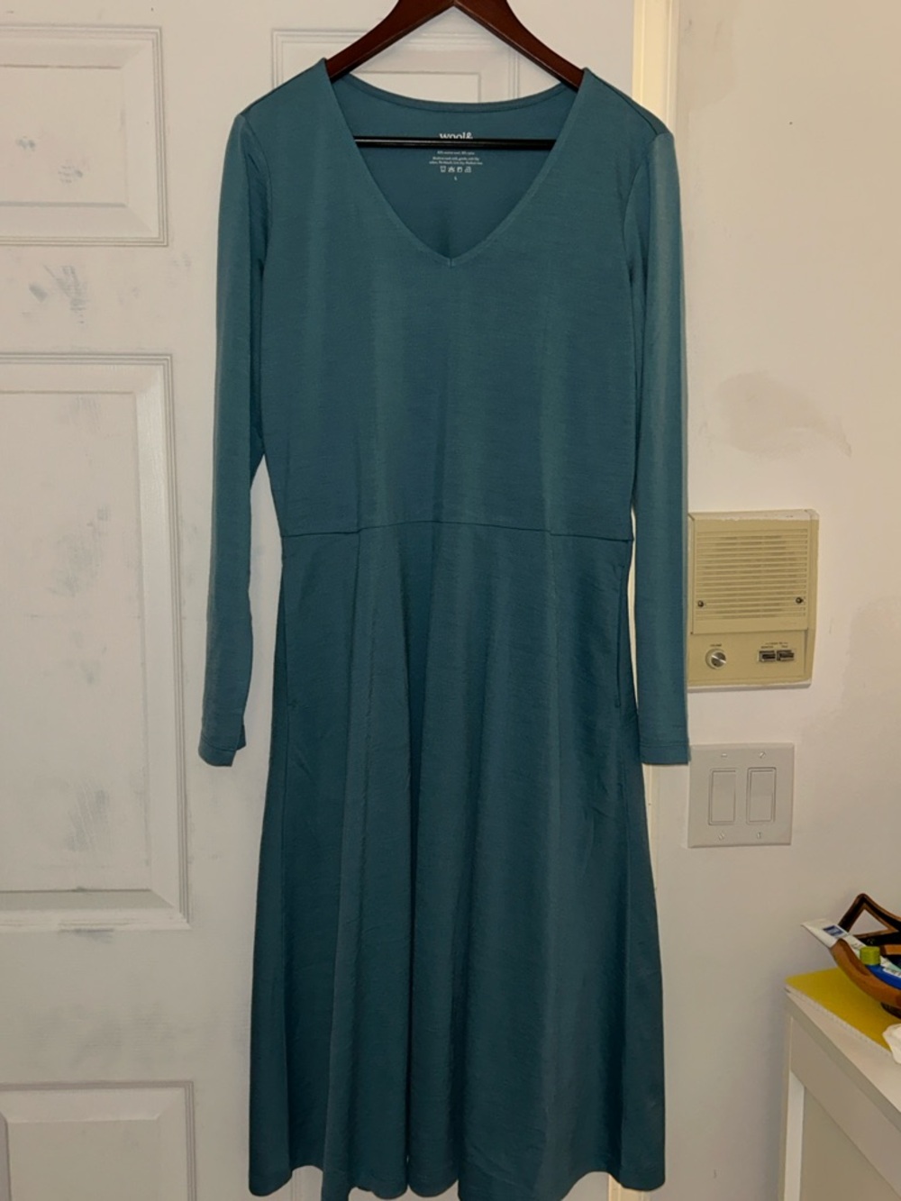 Wool& Talia Long Sleeve merino wool V-Neck Alpine blue Dress